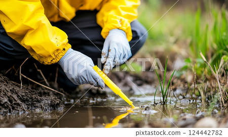 Technician Conducting Water Sample Testing for Contamination in Outdoor Environment 124442782