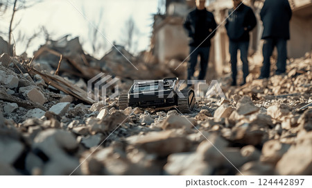 Robot Explorer on Ruined Landscape with People Observing in the Background Robot Explorer on Ruined Landscape with People Observing in the Background 124442897