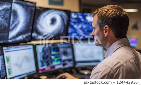 Meteorologist Monitoring Hurricane Data on Multiple Computer Screens in an Advanced Weather Center Meteorologist Monitoring Hurricane Data on Multiple Computer Screens in an Advanced Weather Center 124442916