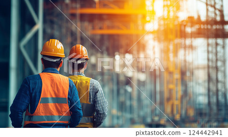 Construction Workers Observing Building Site Progress Under Sunset Glow with Safety Gear Construction Workers Observing Building Site Progress Under Sunset Glow with Safety Gear 124442941