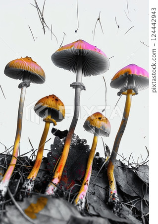 Psychedelic Pink and Yellow Mushrooms with Retro 70s Vibe 124442943