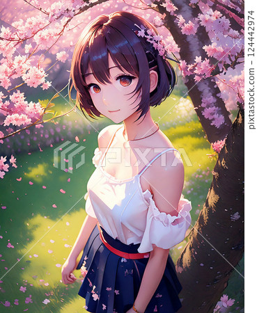 背景中有櫻花的年輕女子 背景中有櫻花的年輕女子 124442974