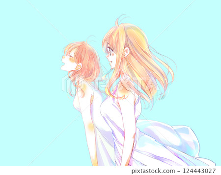 Two smiling women in dresses 124443027