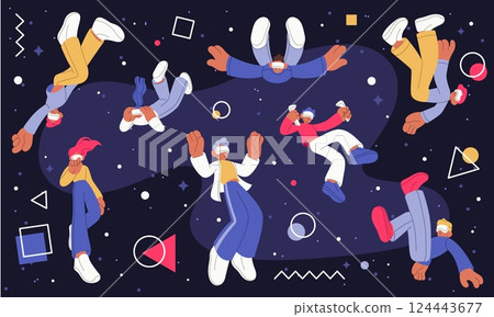 VR reality. Augmented virtual glasses people. Immersion to digital future world technology. Human computer data connected tech. Space imagination. Cartoon flat style isolated illustration. Vector art VR reality. Augmented virtual glasses people. Immersion to digital future world technology. Human computer data connected tech. Space imagination. Cartoon flat style isolated illustration. Vector art 124443677