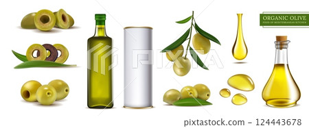 Oil bottle, 3D isolated elements. Mockup drop, can, jar and jug with blank labels. Organic olive of Mediterranean kitchen. Cooking Greek food, green leaf. Vector glass packaging natural isolated set Oil bottle, 3D isolated elements. Mockup drop, can, jar and jug with blank labels. Organic olive of Mediterranean kitchen. Cooking Greek food, green leaf. Vector glass packaging natural isolated set 124443678