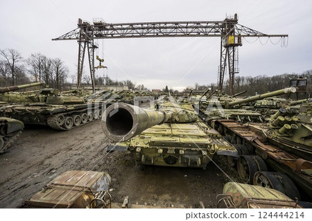 Abandoned russian tank graveyard war relics 124444214