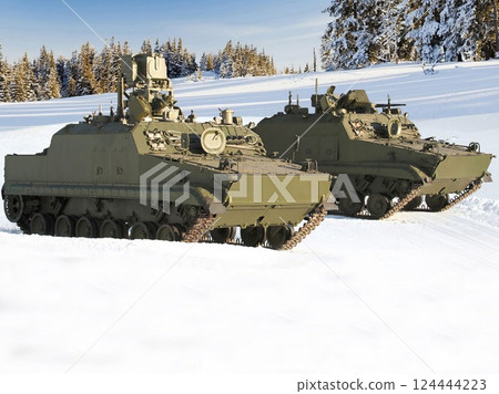 Tracked Military Communication Vehicles in Snow Tracked Military Communication Vehicles in Snow 124444223