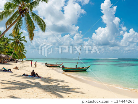 Idyllic tropical beach scene with white sand, clear turquoise water, and palm trees 124444265