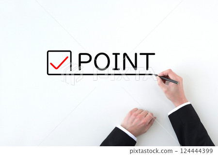 Hand of a businessman drawing check marks and point characters Hand of a businessman drawing check marks and point characters 124444399
