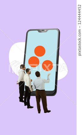 Contemporary artwork. Three businessmen discussing infographic on smartphone screen. Innovation, mobile tools, visual data. 124444452