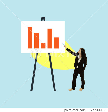Contemporary art collage. Businesswoman, dressed formal attire, presenting data on flip chart. Focus on analytics, leadership, corporate growth. 124444455