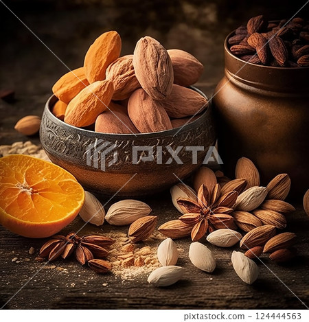 Almonds, nuts with dried apricots on dark background. Healthy eating, snack concept. 124444563