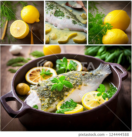 Baked fish with potatoes and herbs. Salmon and potatoes, lemon herbs. Olive oil. Lunch concept. 124444588