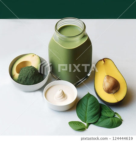 Avocado and spinach smoothie on a wooden background. Nearby is half an avocado and spinach Avocado and spinach smoothie on a wooden background. Nearby is half an avocado and spinach 124444619