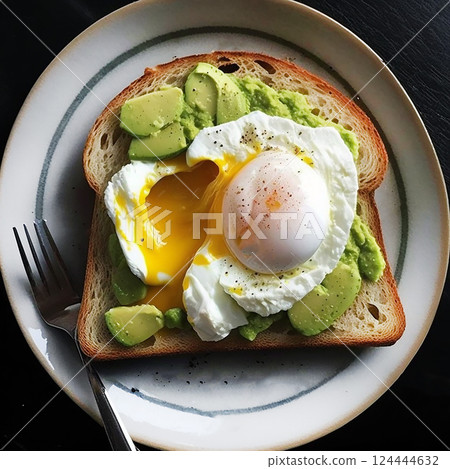 Toast with avocado and poached egg on dark background. Breakfast concept. 124444632