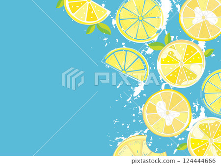 新鮮檸檬片的插圖，在藍色背景上爆裂的果肉 124444666