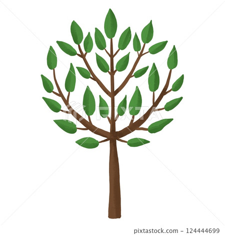 hand drawn stylized illustration of green summer spring tree lush foliage with brown trunk. Painted landscape design element. Eco ecological biology environment concept. For forest wood woodland. 124444699