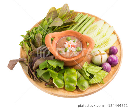 Shrimp paste the ingredients of "nam prik gapi" Thai flavors food, Chili dip and vegetable isolated on a white background. Shrimp paste the ingredients of "nam prik gapi" Thai flavors food, Chili dip and vegetable isolated on a white background. 124444851