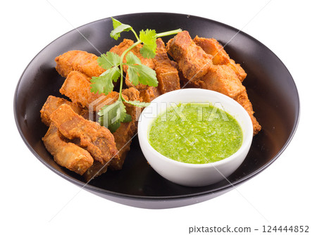 Oriental Roast Pork Belly with spicy sauce isolated on a white background. 124444852
