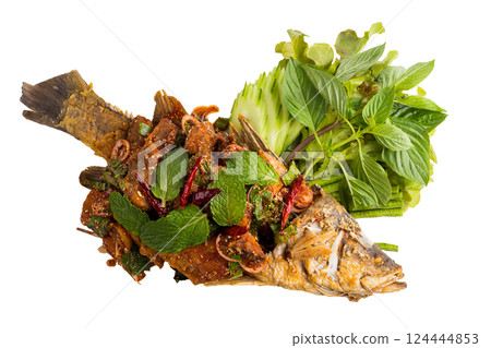 Spicy seafood mince with Deep fried Seabass and mint leaf, shallot isolated on a white background. Spicy seafood mince with Deep fried Seabass and mint leaf, shallot isolated on a white background. 124444853