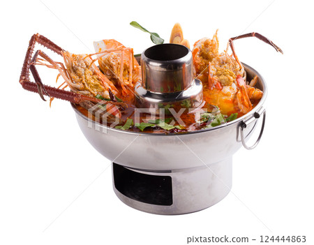 Shrimp in spicy soup, Tom yum goong spicy Thai seafood soup. isolated on white background Shrimp in spicy soup, Tom yum goong spicy Thai seafood soup. isolated on white background 124444863