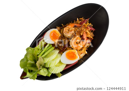 Banana Blossom salad and shrimp with boiled egg isolated on a white background. 124444911