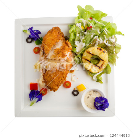 Stuffed roll of chicken with cheese and sage isolated on a white background. 124444913