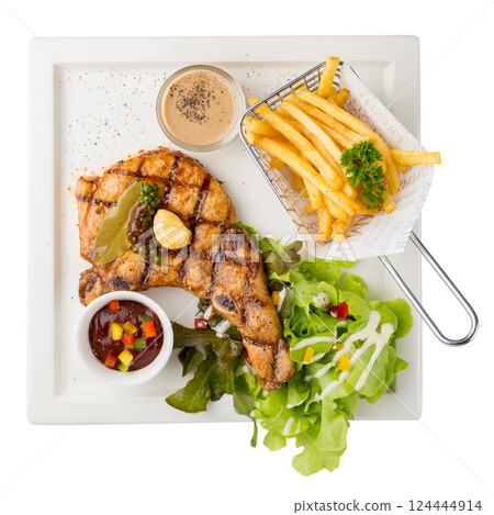 Black pepper pork steak, Roasted pork steak isolated on a white background. Black pepper pork steak, Roasted pork steak isolated on a white background. 124444914