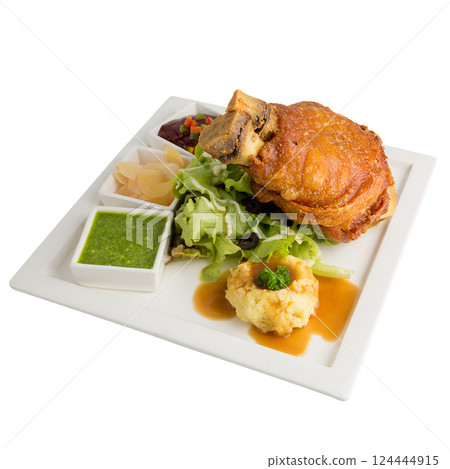 Pork hock in German with sauces delicious food isolated on a white background. 124444915