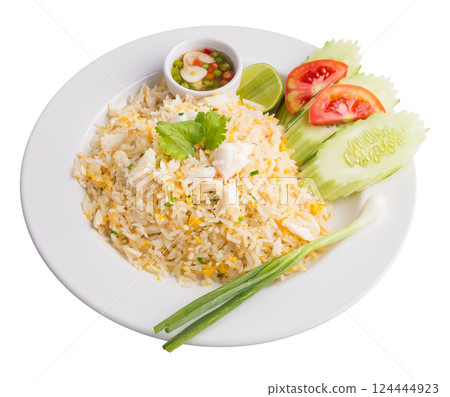 Fried rice with Crab isolated on a white background. 124444923