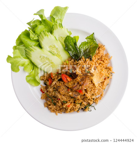 Holy Basil Fried Rice with Crispy Gourami Fish isolated on a white background. 124444924