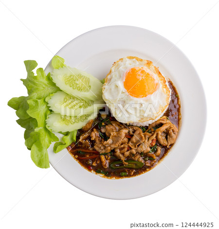 Holy Basil Fried Rice with pork and Fried Egg Sunny side Up isolated on a white background. Holy Basil Fried Rice with pork and Fried Egg Sunny side Up isolated on a white background. 124444925