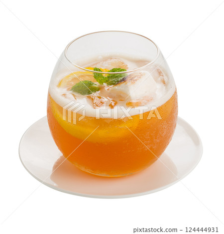 Refreshing glass of iced tea with lemon, mint isolated on a white background. Refreshing glass of iced tea with lemon, mint isolated on a white background. 124444931