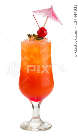 Glass of Passion fruit, pineapple, and pomegranate Cocktail isolated on a white background. 124444932