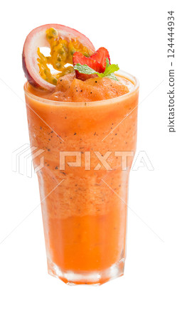Strawberry and passion fruit smoothie isolated on a white background. Strawberry and passion fruit smoothie isolated on a white background. 124444934