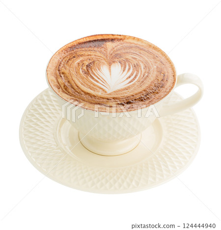 Cup of coffee with beautiful Latte art isolated on a white background. Cup of coffee with beautiful Latte art isolated on a white background. 124444940