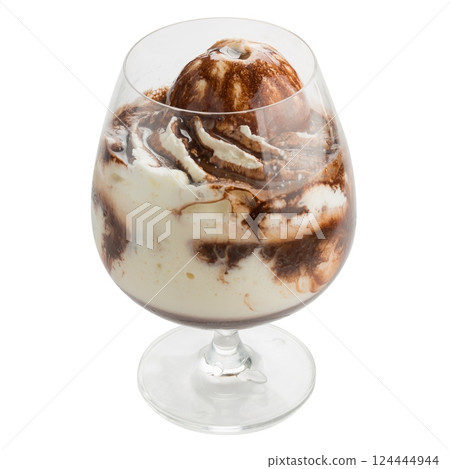 Glass of vanilla milkshake with vanilla ice cream topping and Coffe Flavour Syrup isolated on a white background. Glass of vanilla milkshake with vanilla ice cream topping and Coffe Flavour Syrup isolated on a white background. 124444944