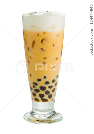 Iced milk tea with bubble frappucino isolated on a white background. 124444946