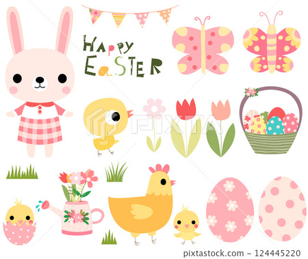 Easter vector set with cute bunny, chicks and hen and design elements for greeting cards, posters, invitations and kids projects Easter vector set with cute bunny, chicks and hen and design elements for greeting cards, posters, invitations and kids projects 124445220