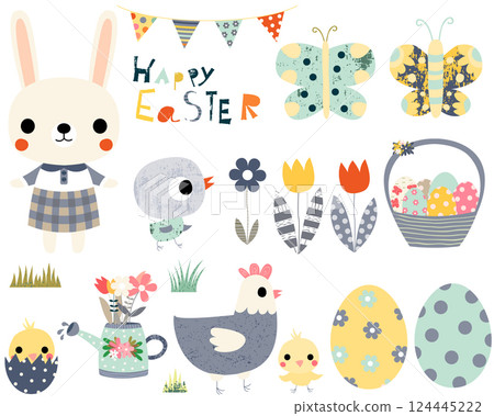 Happy Easter fun vector set with cute animals - bunny, peeps and butterflies for greeting cards, invitations and kids projects. Happy Easter fun vector set with cute animals - bunny, peeps and butterflies for greeting cards, invitations and kids projects. 124445222