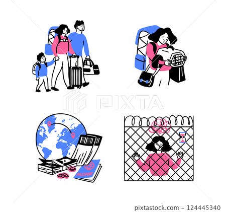 Cartoon Color Migration Concept Displaced Lives Scenes Set with Women and Men Flat Design Style. Vector illustration 124445340
