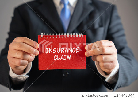 Insurance claim concept. Formal request made by a policyholder to an insurance company for compensation or coverage based on the terms of their policy. Business and finance. Notes in male hands 124445344