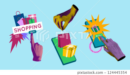 Online Shopping Concept with Smartphone and Realistic Halftone Dotted Human Hands Contemporary Art Collage Elements. Vector illustration 124445354