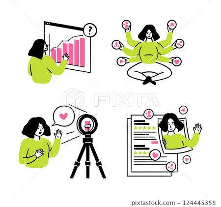 Cartoon Color Social Media Marketing Content Development Concept Scenes Set with Women Flat Design Style. Vector illustration 124445358