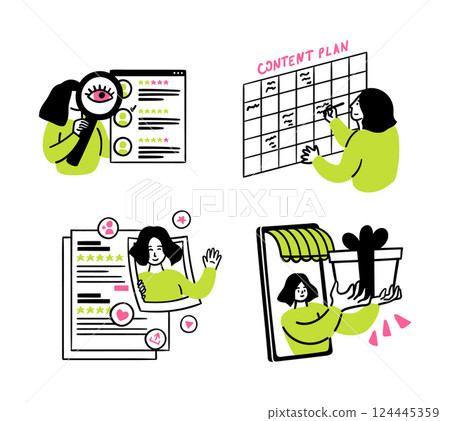 Cartoon Color Social Media Marketing Content Plan Concept Scenes Set with Women Flat Design Style. Vector illustration Cartoon Color Social Media Marketing Content Plan Concept Scenes Set with Women Flat Design Style. Vector illustration 124445359