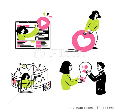 Cartoon Color Social Media Marketing Engagement Tactics Concept Scenes Set with Women and Men Flat Design Style. Vector illustration Cartoon Color Social Media Marketing Engagement Tactics Concept Scenes Set with Women and Men Flat Design Style. Vector illustration 124445360