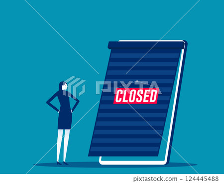 Businesswoman close the shutter of his online store on the phone screen 124445488