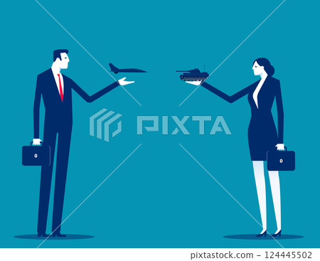 Business people holding tank and airplane. Proxy war vector Business people holding tank and airplane. Proxy war vector 124445502