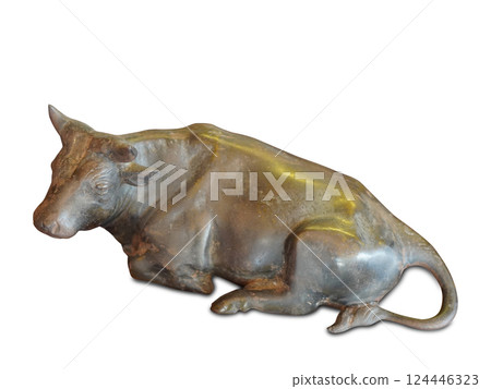 A brass bull lies on a white background, old, animal, object, decor, fashion, ancient, copy space A brass bull lies on a white background, old, animal, object, decor, fashion, ancient, copy space 124446323
