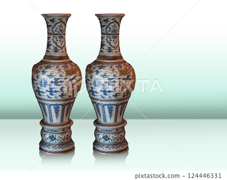front view antique two blue and white ceramic vase on gradient blue and white background, fashion, decor, decoration, copy space front view antique two blue and white ceramic vase on gradient blue and white background, fashion, decor, decoration, copy space 124446331